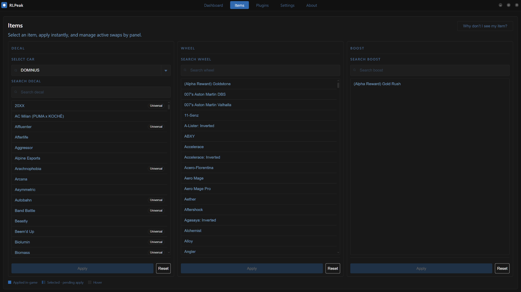 RLPeak desktop app showing the Items page with Decal, Wheel and Boost panels for Rocket League